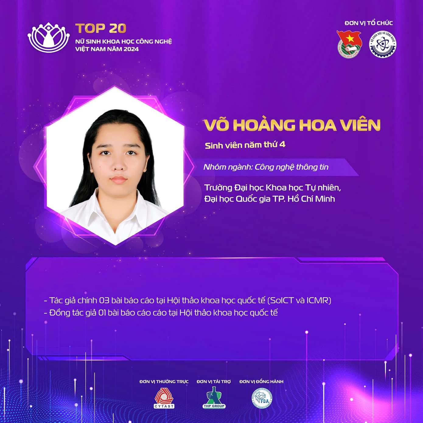Nữ sinh Võ Hoàng Hoa Viên là tác giả chính của 3 báo cáo khoa học tại Hội thảo khoa học quốc tế (SoICT và ICMR). Nữ sinh Võ Hoàng Hoa Viên là tác giả chính của 3 báo cáo khoa học tại Hội thảo khoa học quốc tế (SoICT và ICMR).