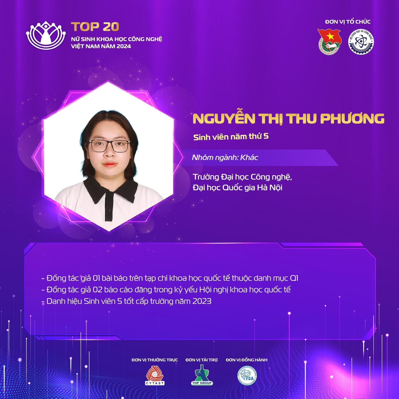 Nữ sinh Nguyễn Thị Thu Phương đến từ Trường Đại học Công nghệ, Đại học Quốc gia Hà Nội. Nữ sinh Nguyễn Thị Thu Phương đến từ Trường Đại học Công nghệ, Đại học Quốc gia Hà Nội.
