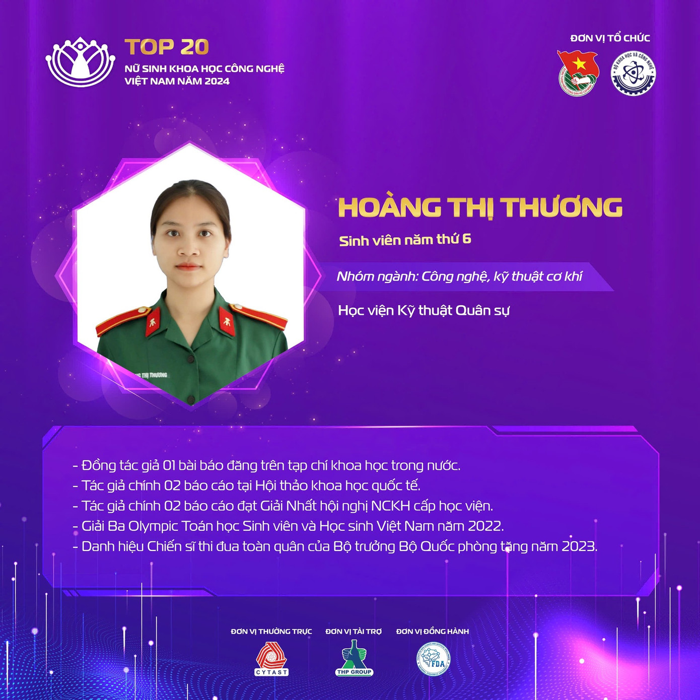 Sinh viên Hoàng Thị Hương là tác giả chính của 4 báo cáo khoa học, đạt danh hiệu Chiến sĩ thi đua toàn quân của Bộ trưởng Bộ Quốc phòng năm 2023. Sinh viên Hoàng Thị Hương là tác giả chính của 4 báo cáo khoa học, đạt danh hiệu Chiến sĩ thi đua toàn quân của Bộ trưởng Bộ Quốc phòng năm 2023.