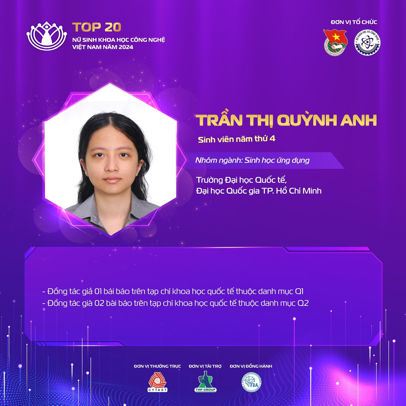 Nữ sinh Trần Thị Quỳnh Anh có 3 bài báo khoa học đăng trên tạp chí quốc tế thuộc danh mục Q1, Q2. Nữ sinh Trần Thị Quỳnh Anh có 3 bài báo khoa học đăng trên tạp chí quốc tế thuộc danh mục Q1, Q2.