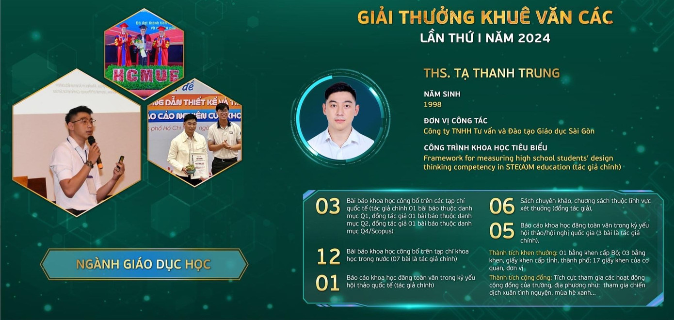 Nghiên cứu tiêu biểu của ThS. Tạ Thanh Trung phát triển hệ thống thang đo sử dụng rộng rãi trong việc đánh giá năng lực của học sinh trung học tại các trường phổ thông trong các hoạt động giáo dục STEM/STEAM. Công cụ này không chỉ hỗ trợ các nhà giáo dục và nhà nghiên cứu tại Việt Nam mà còn có giá trị tham khảo cho cộng đồng giáo dục quốc tế, giúp các nhà giáo dục có thể đánh giá một cách chính xác hơn hiệu quả của các chương trình giáo dục STEAM, từ đó điều chỉnh và cải thiện phương pháp giảng dạy để nâng cao chất lượng học tập của học sinh.