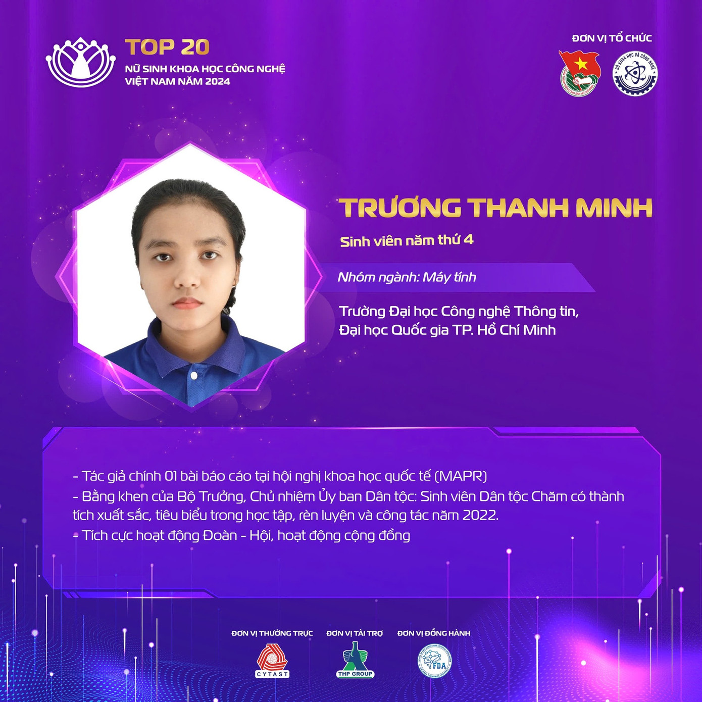 Ngoài có công bố khoa học xuất sắc, nữ sinh Trương Thanh Minh được nhận bằng khen của Bộ trưởng, Chủ nhiệm Uỷ ban Dân tộc vì có thành tích xuất sắc, tiêu biểu trong học tập, rèn luyện và công tác năm 2022. Ngoài có công bố khoa học xuất sắc, nữ sinh Trương Thanh Minh được nhận bằng khen của Bộ trưởng, Chủ nhiệm Uỷ ban Dân tộc vì có thành tích xuất sắc, tiêu biểu trong học tập, rèn luyện và công tác năm 2022.