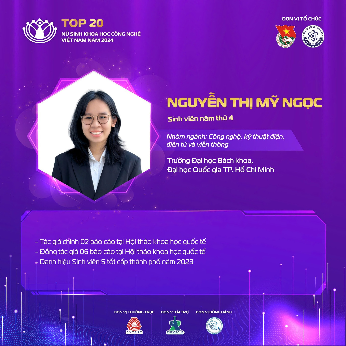 Nữ sinh Nguyễn Thị Mỹ Ngọc đến từ trường Đại học Bách khoa, Đại học Quốc gia TPHCM. Nữ sinh Nguyễn Thị Mỹ Ngọc đến từ trường Đại học Bách khoa, Đại học Quốc gia TPHCM.