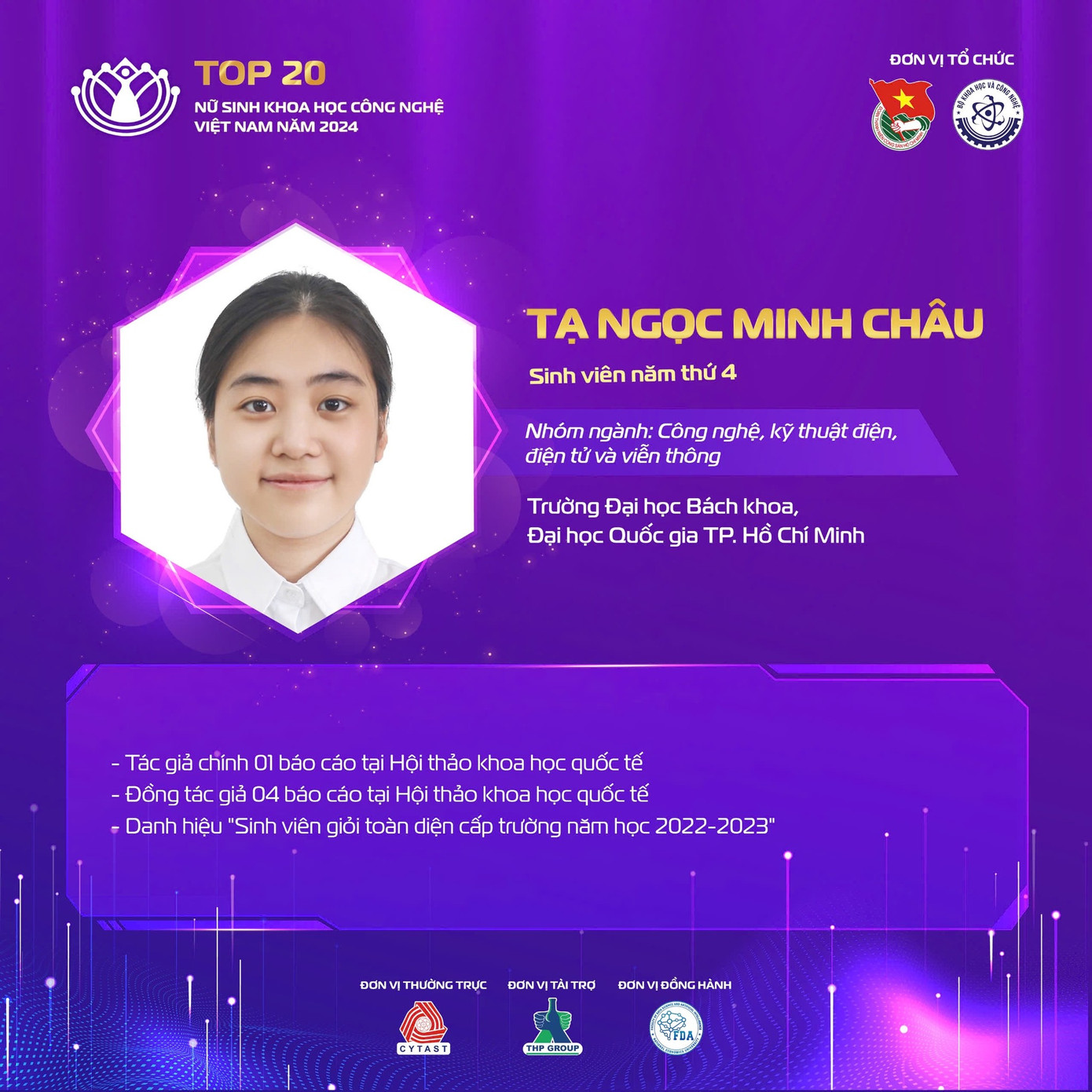 Sinh viên Tạ Ngọc Minh Châu đến từ Trường Đại học Bách khoa, Đại học Quốc gia TPHCM. Sinh viên Tạ Ngọc Minh Châu đến từ Trường Đại học Bách khoa, Đại học Quốc gia TPHCM.