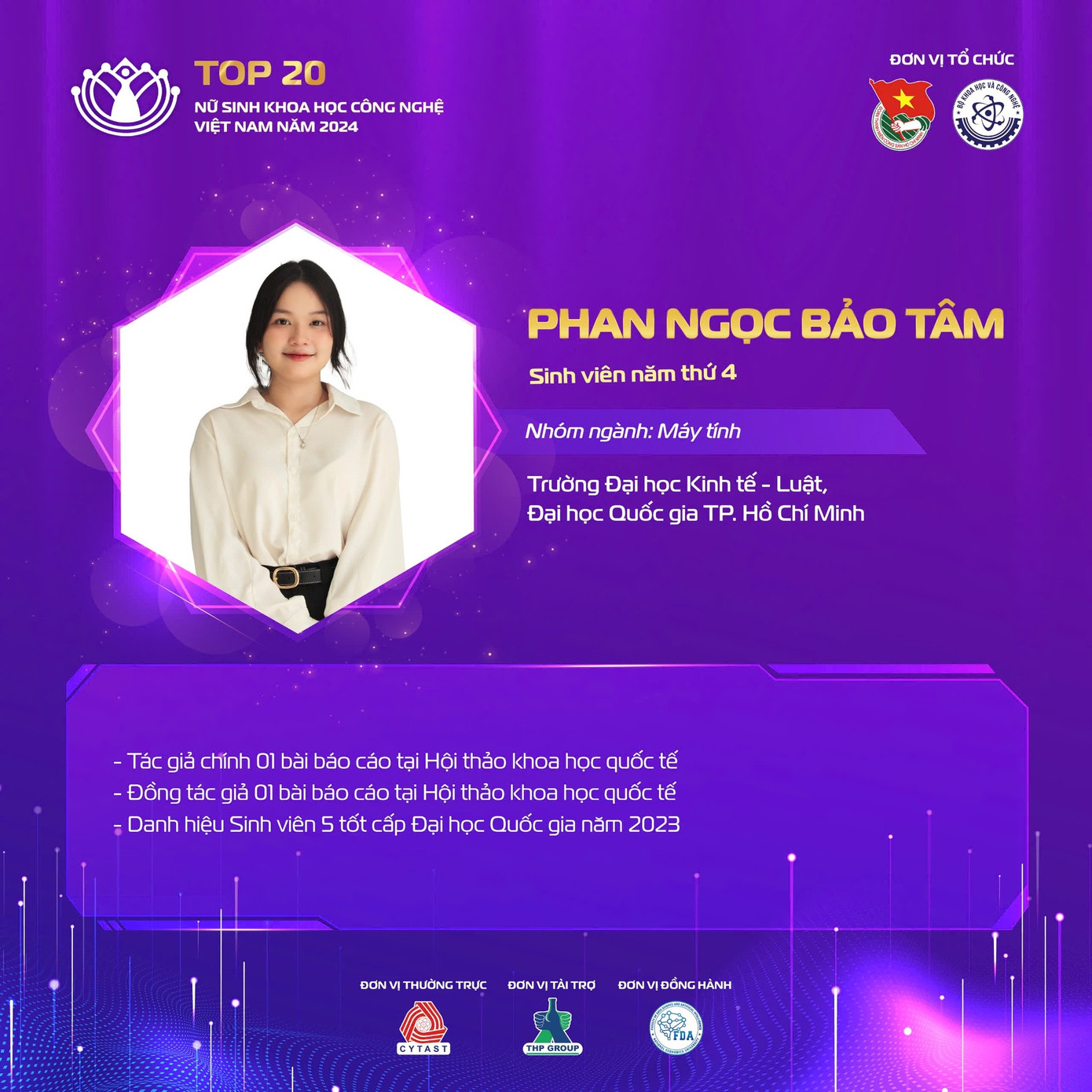 Phan Ngọc Bảo Tâm là tác giả chính, đồng tác giả của 2 báo cáo khoa học tại Hội thảo khoa học quốc tế nhóm ngành Máy tính. Phan Ngọc Bảo Tâm là tác giả chính, đồng tác giả của 2 báo cáo khoa học tại Hội thảo khoa học quốc tế nhóm ngành Máy tính.