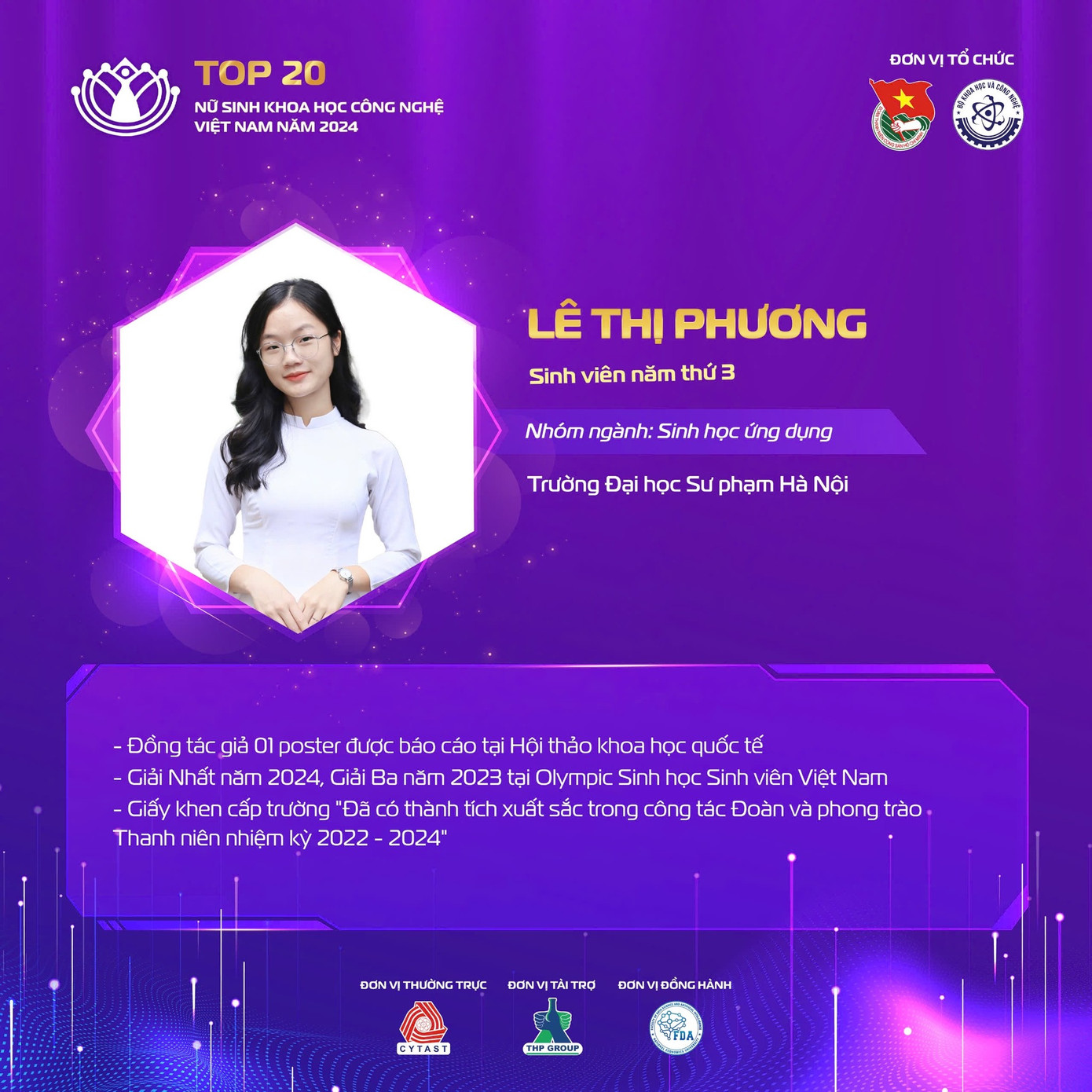 Nữ sinh Lê Thị Phương đến từ Trường Đại học Sư phạm Hà Nội. Nữ sinh Lê Thị Phương đến từ Trường Đại học Sư phạm Hà Nội.