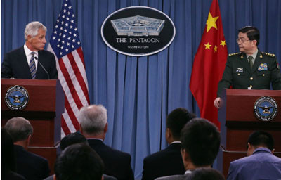 Bộ trưởng Quốc phòng Mỹ Chuck Hagel và Bộ trưởng Quốc phòng Trung Quốc Thường Vạn Toàn trong cuộc họp báo chung hôm 20/8. Ảnh: Foreign Policy