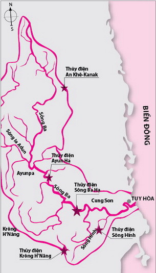 Trên hệ thống sông Ba có đến năm nhà máy thủy điện đang hoạt động gồm: An Khê - Kanak, Ayun Hạ, Krông H’Năng, Sông Hinh và Sông Ba Hạ - Đồ họa: VĨ CƯỜNG (Tuổi Trẻ) Trên hệ thống sông Ba có đến năm nhà máy thủy điện đang hoạt động gồm: An Khê - Kanak, Ayun Hạ, Krông H’Năng, Sông Hinh và Sông Ba Hạ - Đồ họa: VĨ CƯỜNG (Tuổi Trẻ)