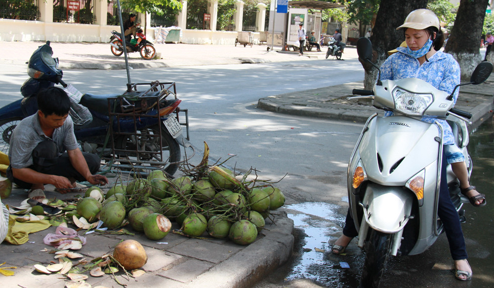 Một phụ nữ dừng xe mua nước dừa bên vệ đường cho con gái. Ảnh: Trường Phong