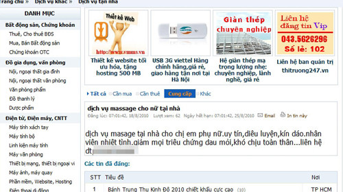 Nhiều lời rao trên mạng nhận matxa tại nhà cho khách nữ.Ảnh: Tuổi Trẻ