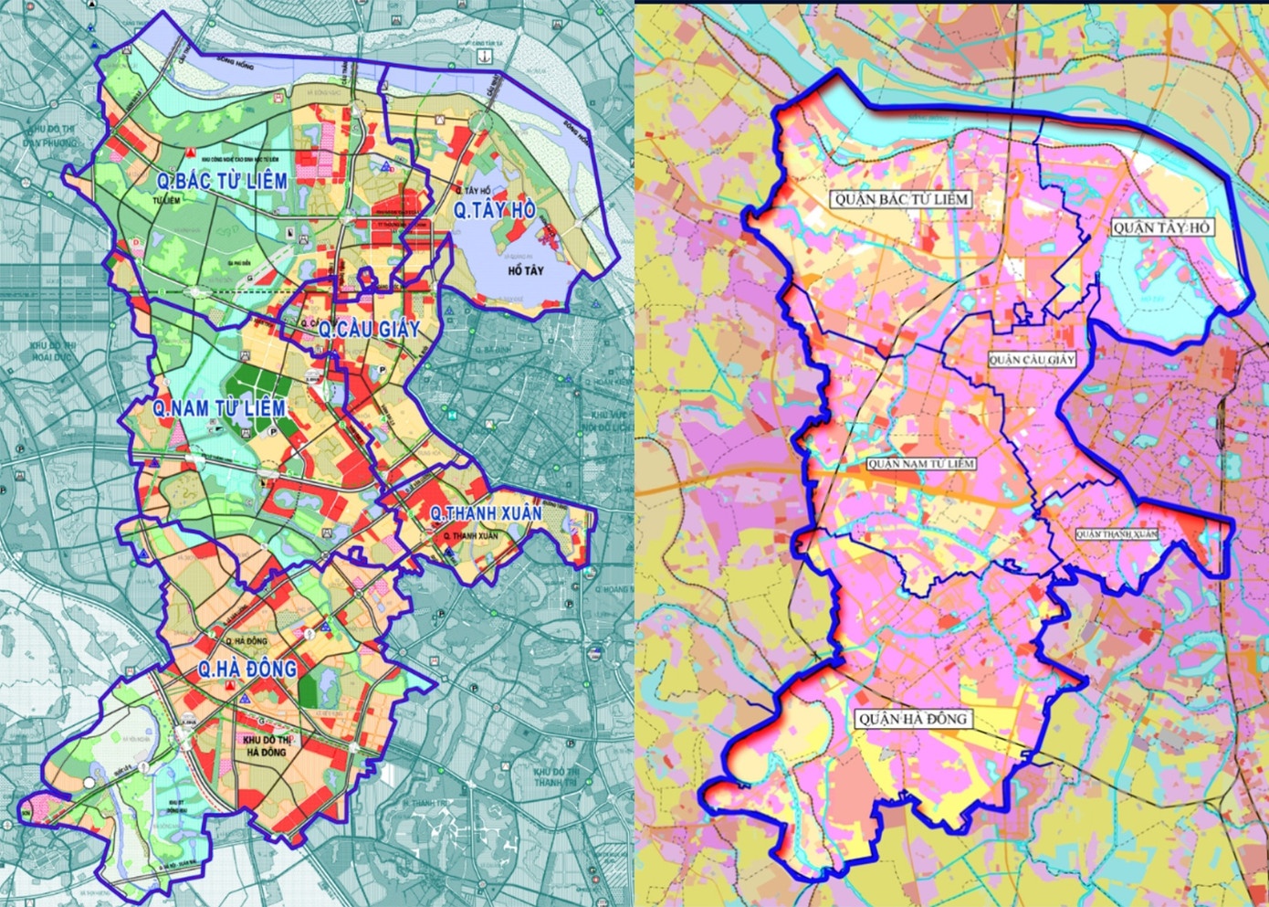 Định hướng phát triển không gian 6 quận (trái) và hiện trạng sử dụng đất (phải)