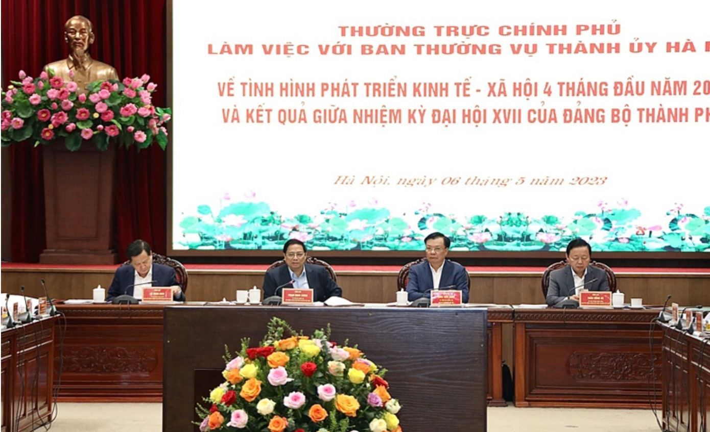 Quang cảnh buổi làm việc của Thường trực Chính phủ với Ban Thường vụ Thành ủy Hà Nội. Ảnh: Viết Thành. Quang cảnh buổi làm việc của Thường trực Chính phủ với Ban Thường vụ Thành ủy Hà Nội. Ảnh: Viết Thành.