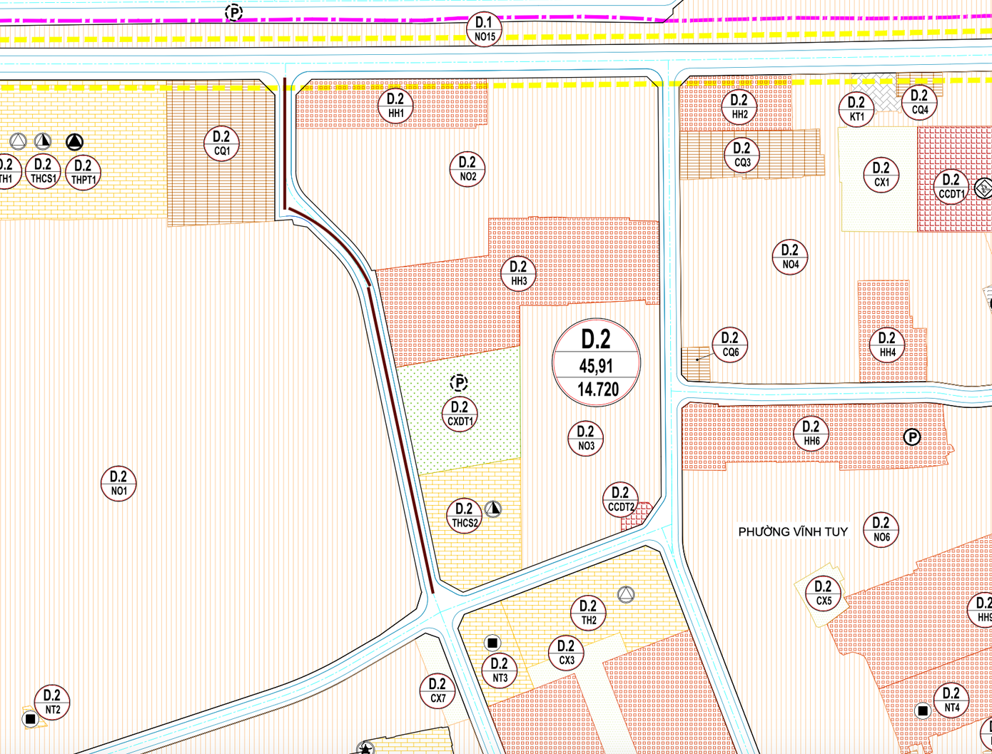 Quy hoạch dự án kết nối đường qua công ty xe bus với dự án 423 Minh Khai, phường Vĩnh Tuy (đường màu nâu)