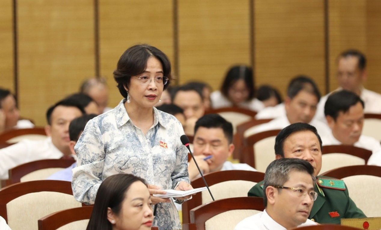 Đại biểu Nguyễn Thị Lan Hương, tổ đại biểu huyện Quốc Oai đặt câu hỏi tại hội trường Đại biểu Nguyễn Thị Lan Hương, tổ đại biểu huyện Quốc Oai đặt câu hỏi tại hội trường