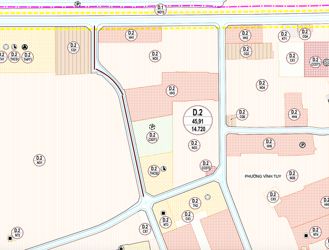 Quy hoạch dự án kết nối đường qua công ty xe bus với dự án 423 Minh Khai, phường Vĩnh Tuy (đường màu nâu)