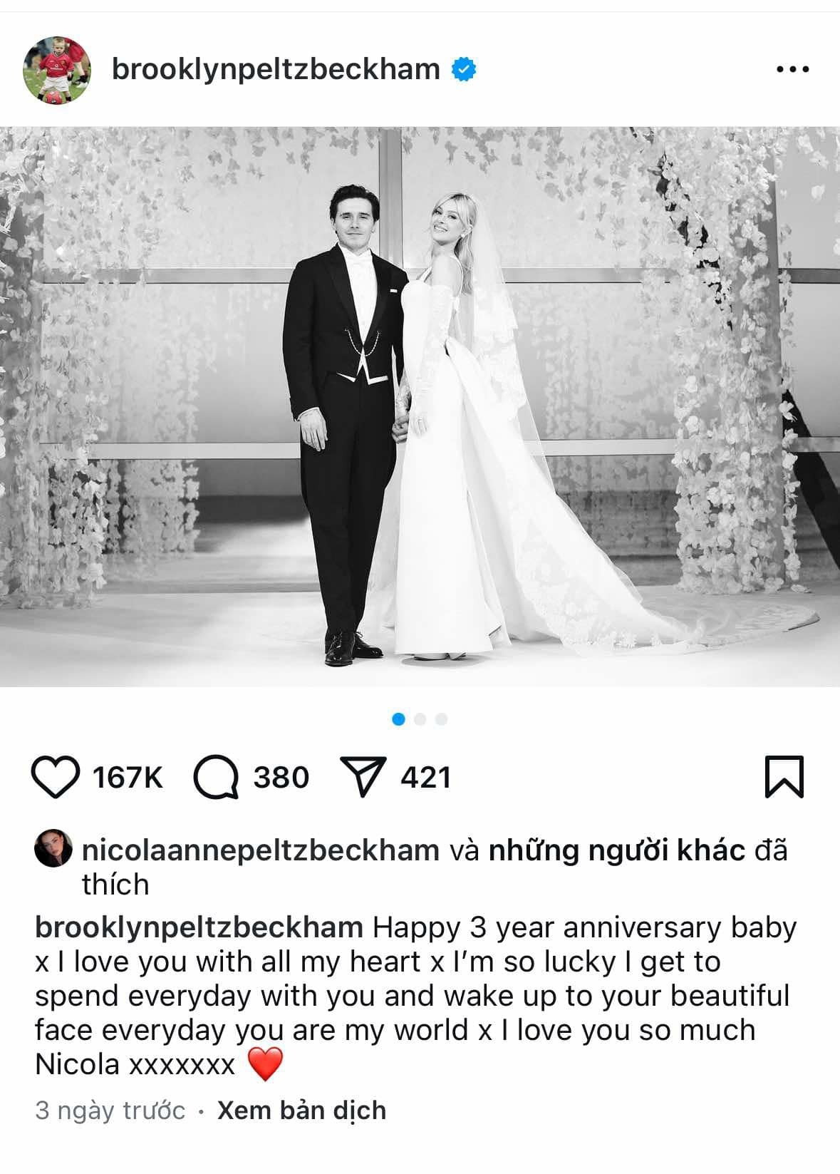 Brooklyn Beckham và Nicola Peltz kỷ niệm 3 năm ngày cưới nhưng vợ chồng Beckham không chúc mừng hay thích bài đăng của các con. Brooklyn Beckham và Nicola Peltz kỷ niệm 3 năm ngày cưới nhưng vợ chồng Beckham không chúc mừng hay thích bài đăng của các con.