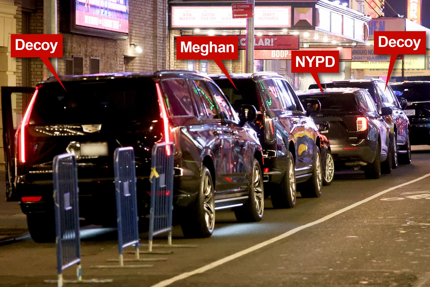 Chuyến đi xem nhạc kịch của Meghan được hộ tống bởi đoàn xe hùng hậu. Ảnh: Page Six.