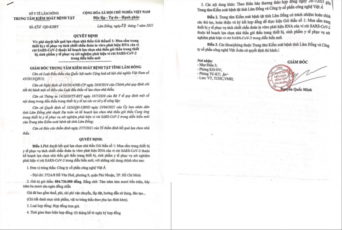 Quyết định 457 lựa chọn Việt Á trúng thầu gói trị giá gần 885 triệu đồng của CDC Lâm Đồng