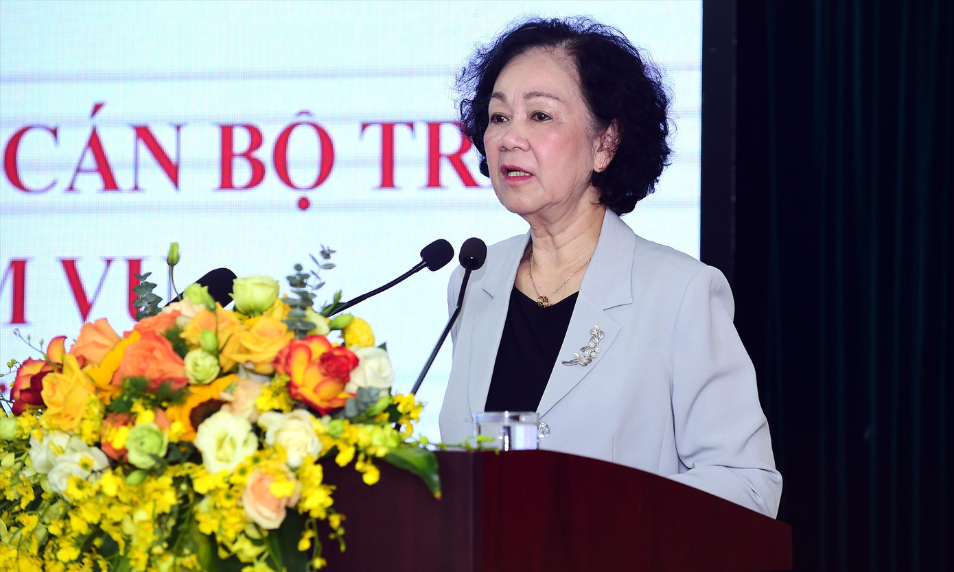 Bà Trương Thị Mai, Thường trực Ban Bí thư trao đổi tại buổi tọa đàm (ảnh: Xuân Tùng).