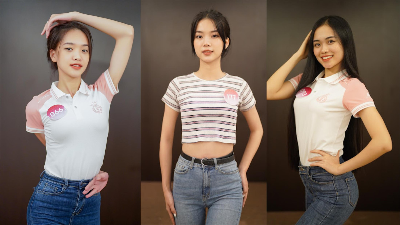 Thí sinh Phan Thị Sen, Hoàng Hương Giang và Nguyễn Phương Anh (từ trái qua) khoe eo thon trong buổi tập vũ đạo Ảnh: PHẠM NGUYỄN