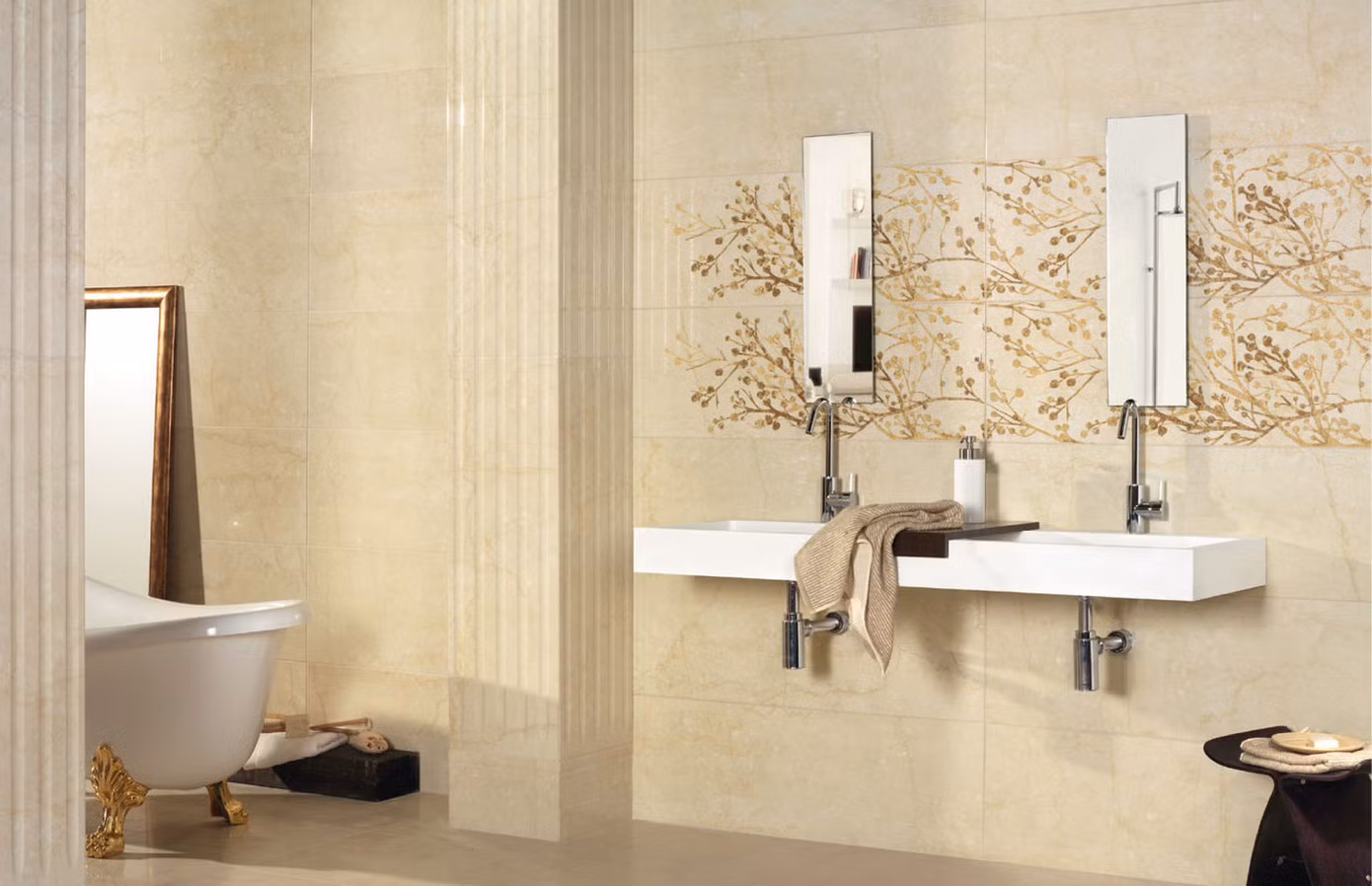 Gạch ốp lát phòng tắm Porcelanite Dos với hoa tiết trang nhã trên nền vân đá tự nhiên