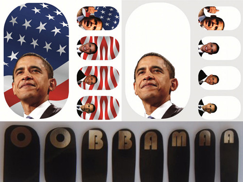 Các mẫu móng tay dán hình Obama có giá bình dân và khá phổ biến. Ngoài ra, còn có kiểu móng ghép tên Obama có màu đen - vàng kim khá thời trang