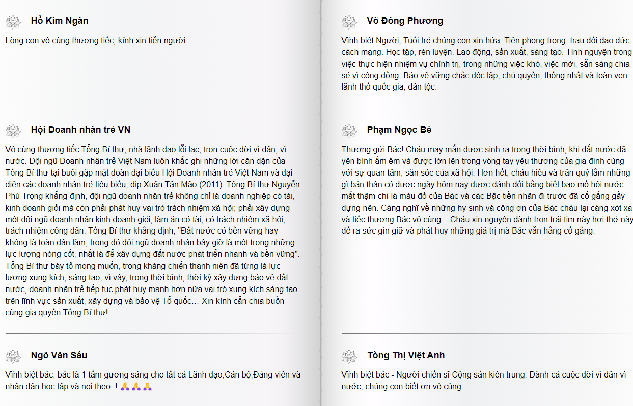 Những dòng chia sẻ xúc động trong Sổ tang điện tử của Báo Tiền Phong Online kính viếng Tổng Bí thư Nguyễn Phú Trọng.