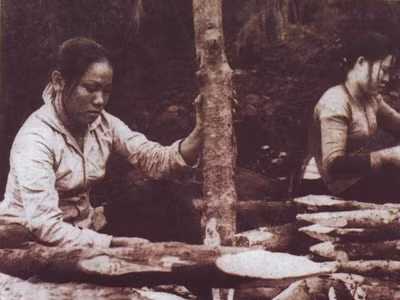Đại đội 304, 317 TNXP vót cọc tiêu dẫn xe qua Truông Bồn (1968). Ảnh: T.L