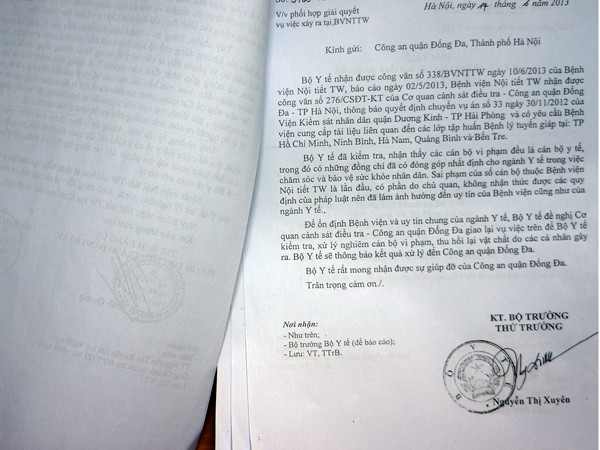 Văn bản của Bộ Y tế gửi Công an quận Đống Đa (Hà Nội)
