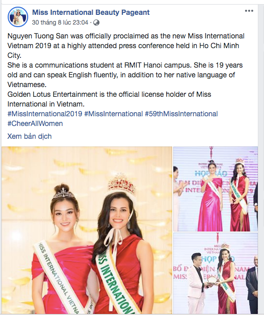 Á hậu Tường San nhận 'cơn mưa' lời khen trên trang chủ của Miss International ảnh 1