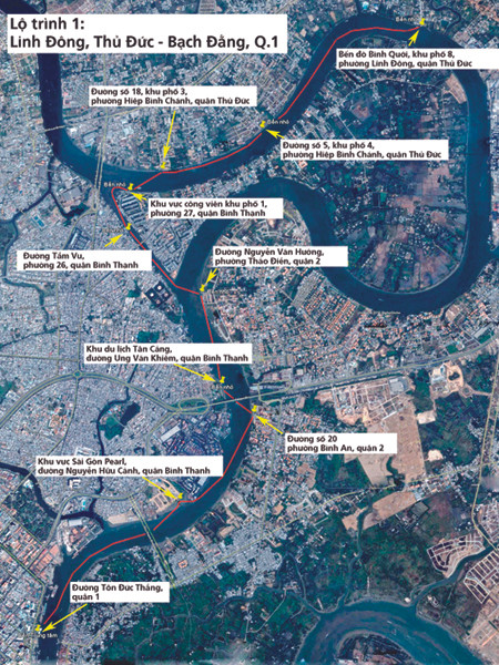 Sơ đồ tuyến buýt đường sông số 1 dự kiến sẽ bắt đầu khai thác từ đầu năm 2012