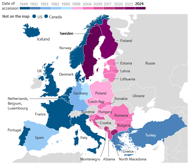 Các thành viên NATO và mốc gia nhập. Đồ họa: The Guardian.