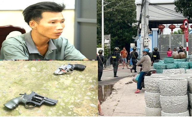 Đối tượng Lê Thành Vinh, hai khẩu súng gây án và hiện trường nơi xảy ra vụ việc Đối tượng Lê Thành Vinh, hai khẩu súng gây án và hiện trường nơi xảy ra vụ việc