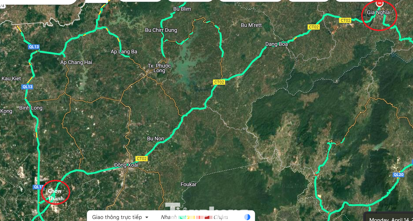 Vị trí công trình đường cao tốc Chơn Thành - Gia Nghĩa, điểm đầu và điểm cuối (vòng tròn đỏ) Ảnh: chụp từ vệ tinh Vị trí công trình đường cao tốc Chơn Thành - Gia Nghĩa, điểm đầu và điểm cuối (vòng tròn đỏ) Ảnh: chụp từ vệ tinh