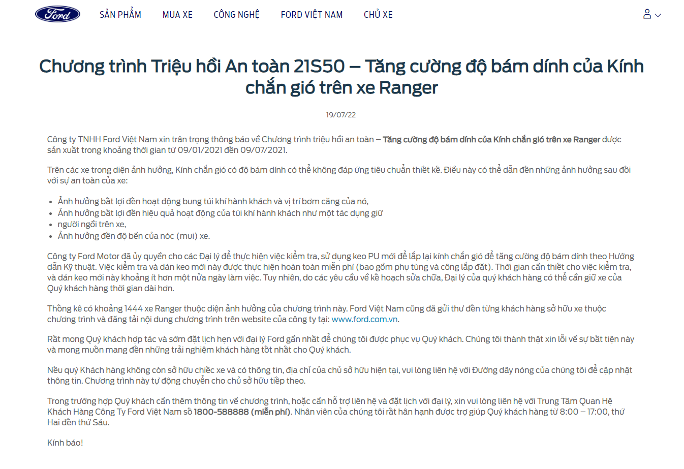Thông tin về chương trình triệu hồi được đăng tải trên website của Ford. Thông tin về chương trình triệu hồi được đăng tải trên website của Ford.