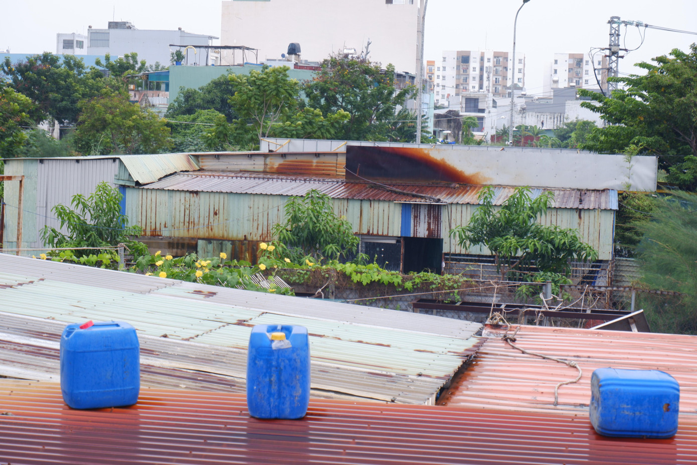 Các vật dụng có trọng lượng lớn như bao cát, can nước được tận dụng để bảo vệ phần mái