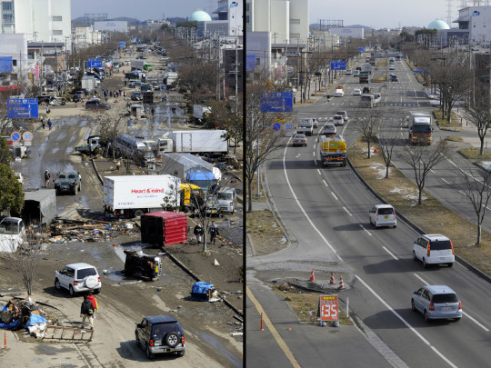 Con đường ngổn ngang xe và mảnh vỡ ở Tagajo, tỉnh Miyagi 1 năm trước và bây giờ