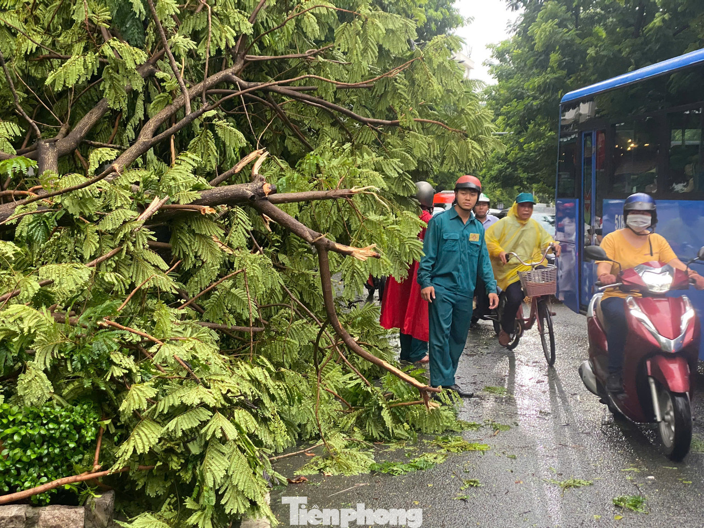 Lực lượng dân quân tự vệ địa phương có mặt điều tiết giao thông qua khu vực.