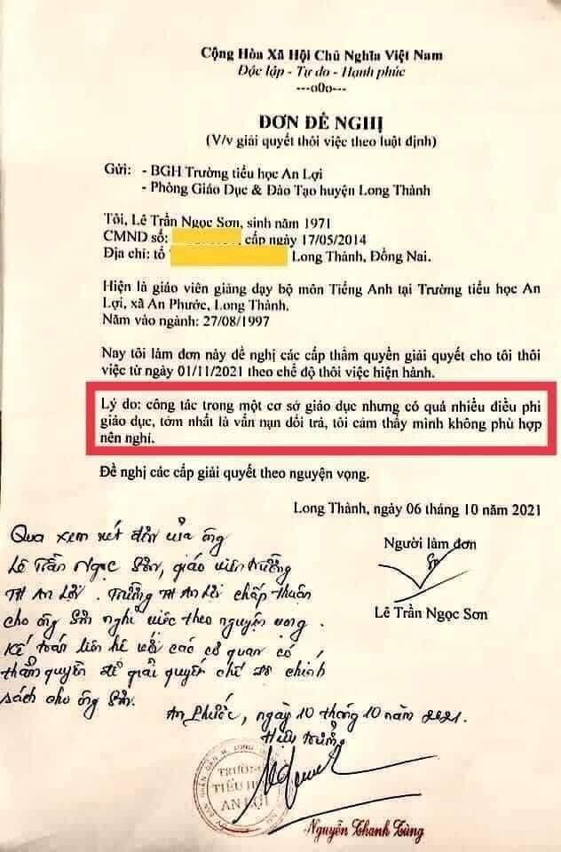 Lá đơn xin nghỉ của thầy Lê Trần Ngọc Sơn viết hôm 6/10. Ảnh: MXH