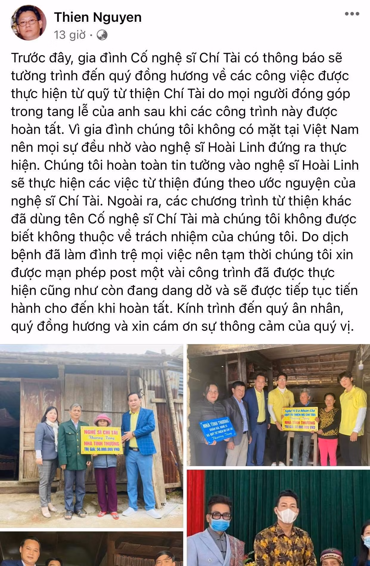 Nghệ sĩ Chí Thiện - anh trai ruột cố nghệ sĩ Chí Tài chia sẻ các bức ảnh về hoạt động từ thiện mà gia đình nhờ cậy Hoài Linh