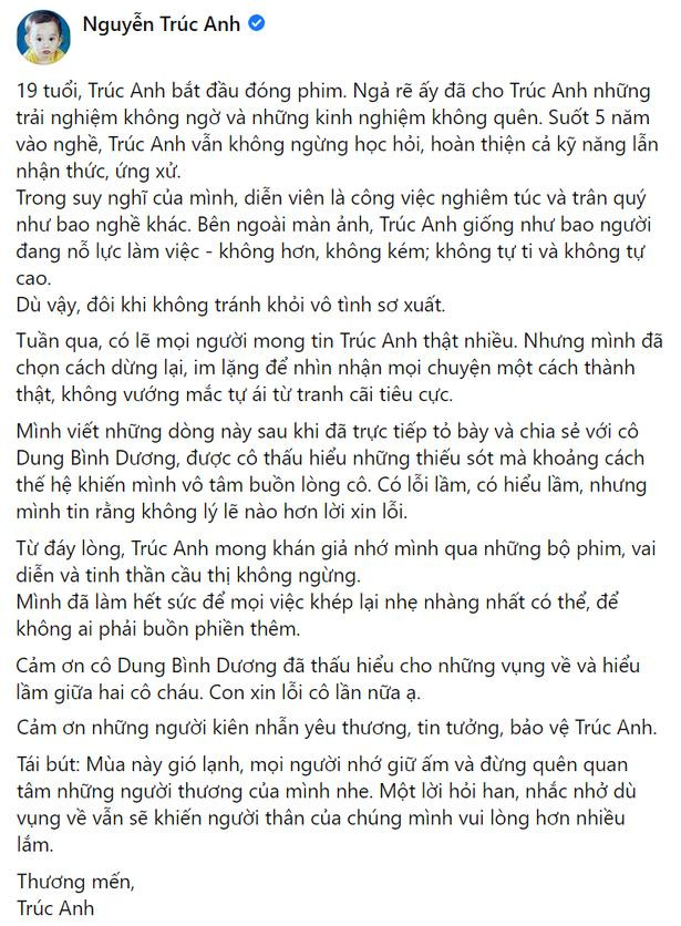 Nguyên văn bài xin lỗi của Trúc Anh Nguyên văn bài xin lỗi của Trúc Anh