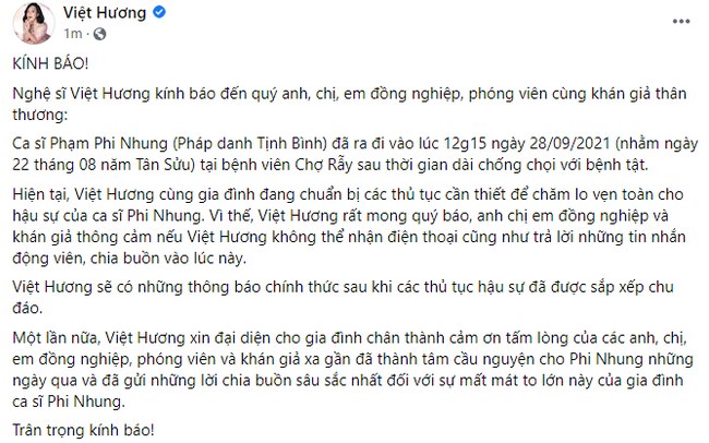 Nguyên văn dòng thông báo của nghệ sĩ Việt Hương Nguyên văn dòng thông báo của nghệ sĩ Việt Hương