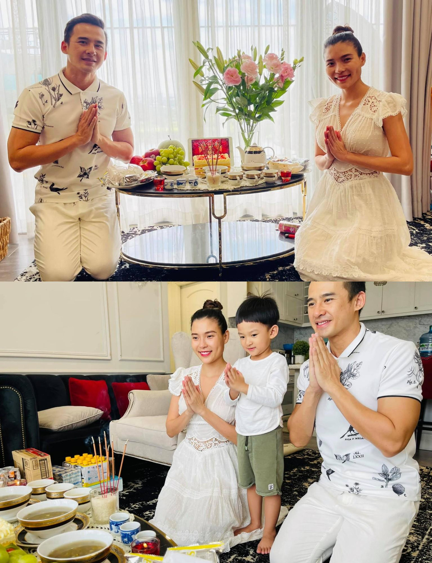 Vợ chồng diễn viên Lương Thế Thành – Thúy Diễm lập bàn thờ tổ tại nhà, anh viết: “Con cầu mong Tổ Nghiệp phù hộ cho con,gia đình con và tất cả các cô, chú, anh, chị, em đồng nghiệp của con thật nhiều sức khỏe, sống mãi với nghề diễn và luôn tươi sáng. Cầu mong đại dịch mau qua khỏi để tất cả mọi người được trở lại cuộc sống bình thường”.