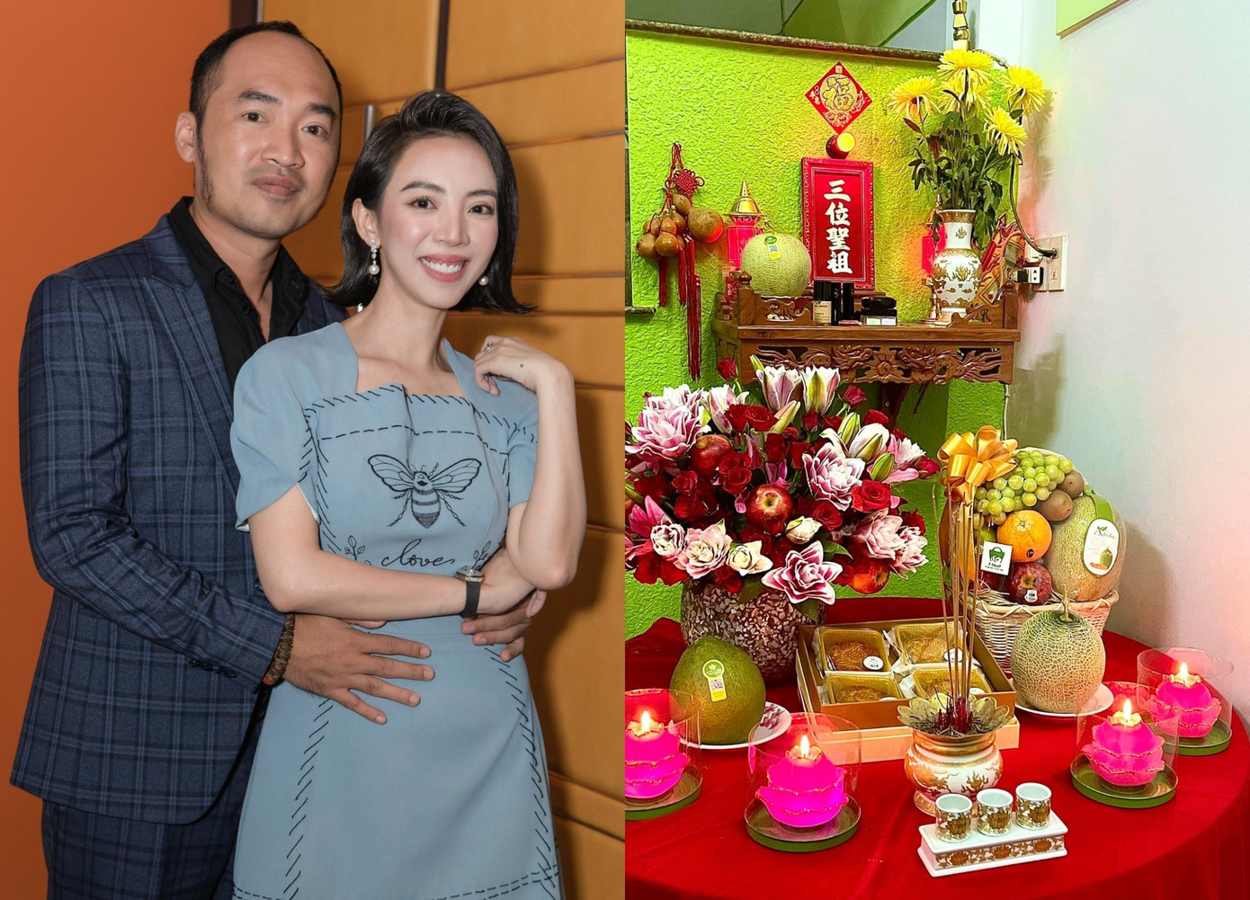 Vợ chồng Thu Trang - Tiến Luật cúng chay giỗ Tổ nghề tại nhà.