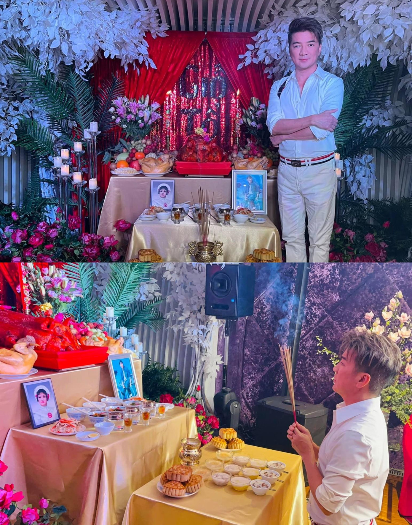 Đàm Vĩnh Hưng chia sẻ, anh tự tay trang trí, sắp xếp, cúng bái bàn thờ Tổ nghề: “Xin cho con được bình yên, may mắn, được khán giả yêu thương nhiều, cho con được tỏa sáng và tiếp tục cấp visa ở vị trí này thêm 10 năm nữa dùm con Tổ Nghiệp ơi”, nam ca sĩ viết trên trang cá nhân.