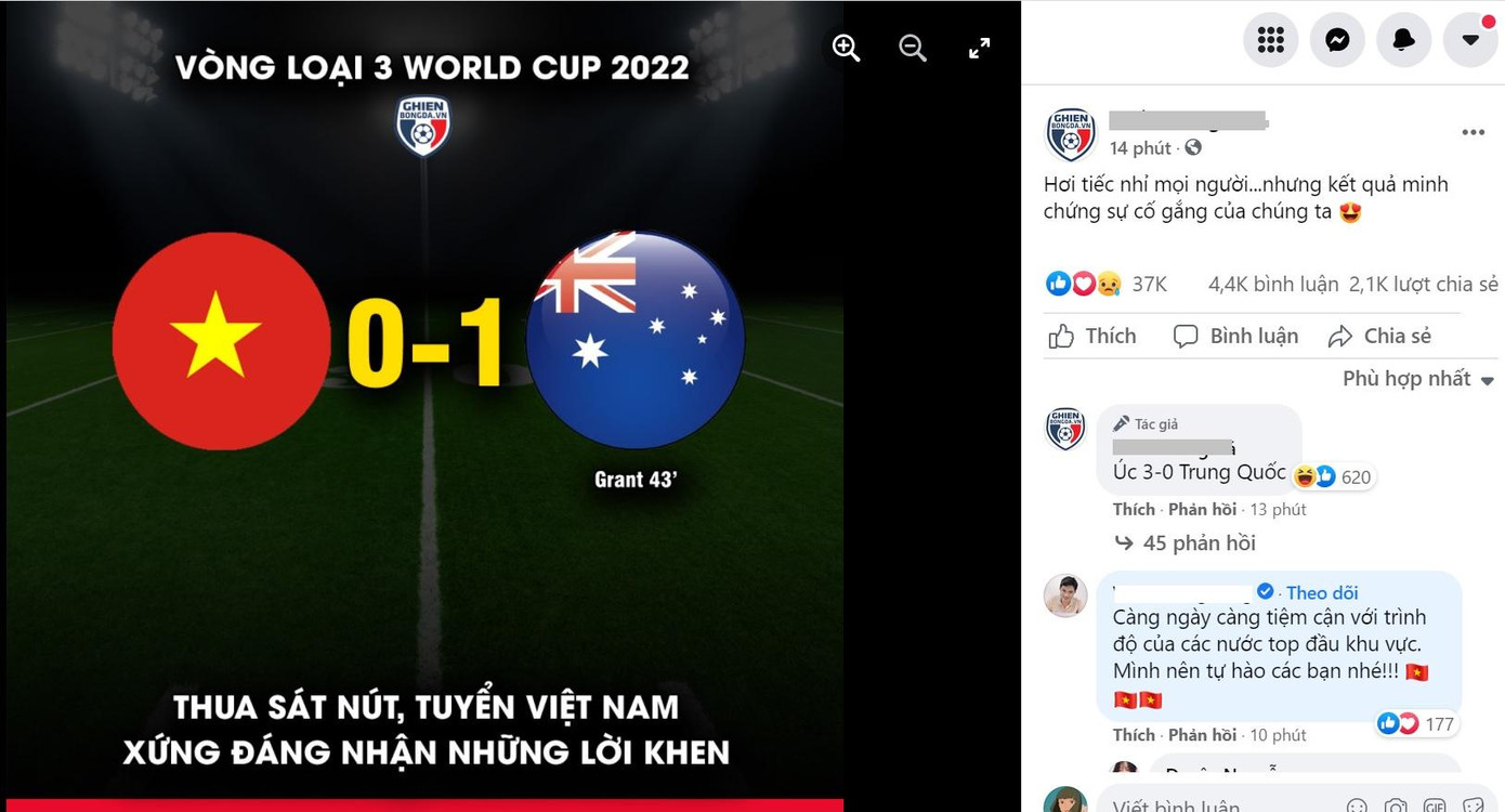 Thua cách biệt, khán giả đánh giá cao sự nỗ lực của đội tuyển Việt Nam, nhất là khi chúng ta thiếu nhiều trụ cột. Một tài khoản bình luận: “Càng ngày càng tiệm cận với trình độ của các nước top đầu khu vực. Mình nên tự hào các bạn nhé!”.