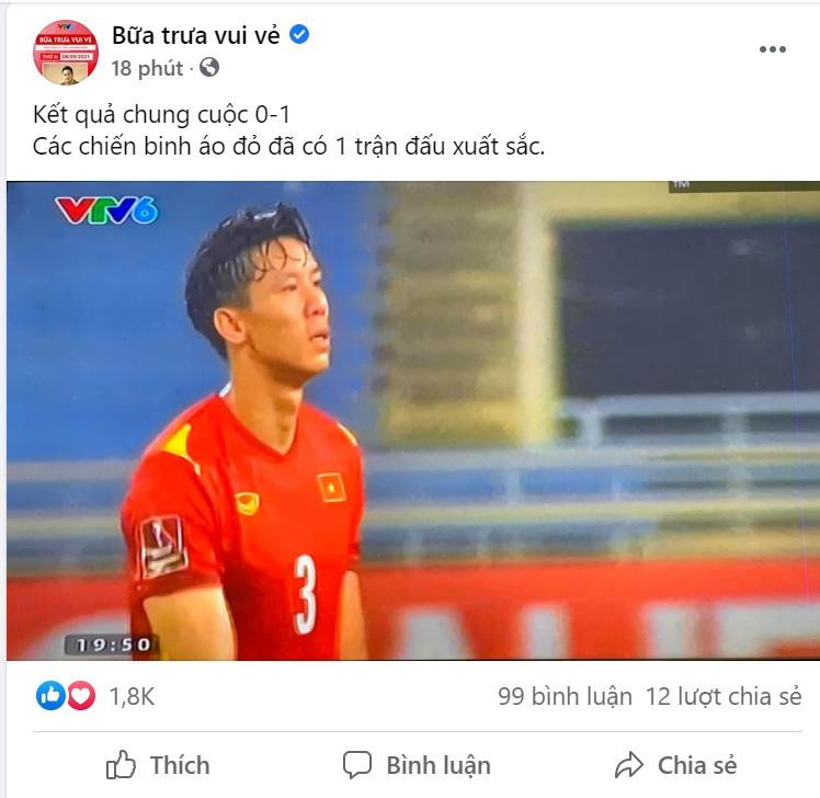 Fanpage chương trình Bữa trưa vui vẻ viết: “Kết quả chung cuộc 0-1. Các chiến binh áo đỏ đã có 1 trận đấu xuất sắc”.