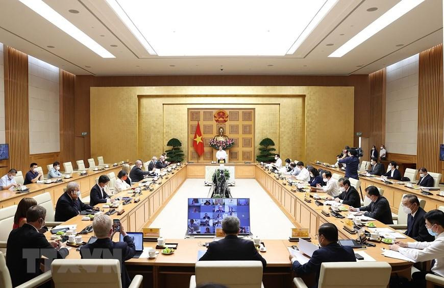 Thủ tướng Phạm Minh Chính phát biểu tại buổi làm việc với các doanh nghiệp châu Âu tại Việt Nam. (Ảnh: Dương Giang/TTXVN)