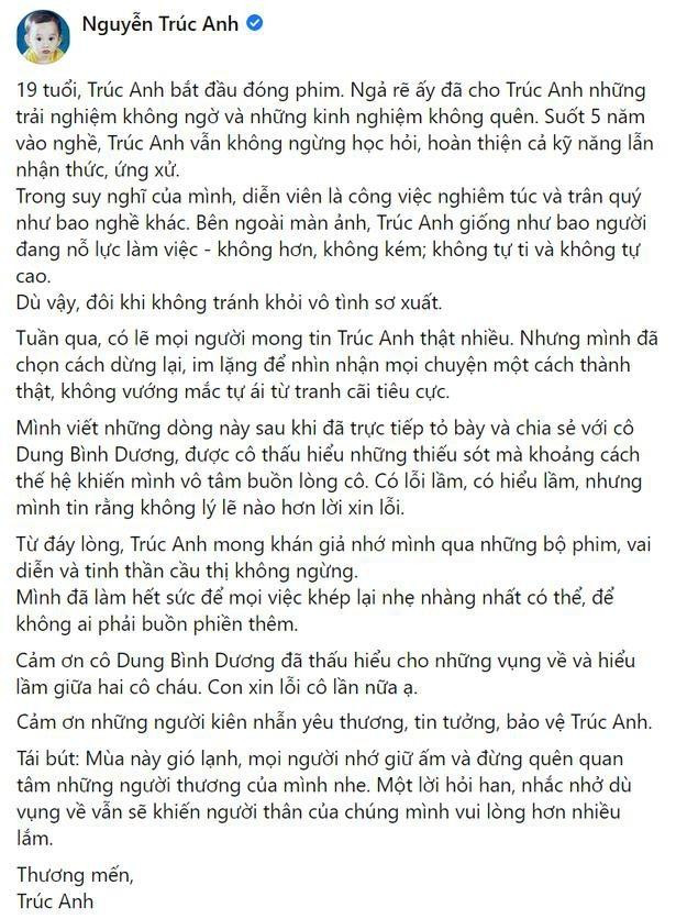Bài xin lỗi của Trúc Anh trên trang cá nhân Bài xin lỗi của Trúc Anh trên trang cá nhân