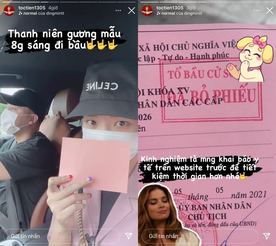 Vợ chồng Tóc Tiên - Hoàng Touliver khuyên mọi người nên tự khai báo y tế ở nhà trước để tiết kiệm thời gian của bản thân và những người xung quanh khi đến cụm bầu cử